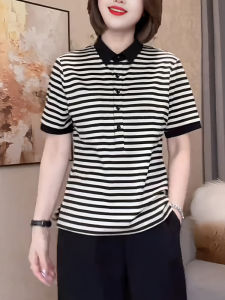 UYFY | Korean Style Casual Classic Striped Polo Neck Short Sleeve Womens Top Versatile Commute Summer New Arrival Fashionable Simple Design