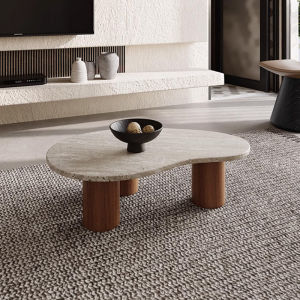 Natural Marble Hole Stone Tea Table Set Solid Wood Rustic Minimalist Living Room Small Size Light Tea Table Home Use B&B