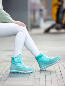 รองเท้าบูทหิมะผู้หญิงหนาป้องกันน้ำแบบเต็มตัวในฤดูหนาว รองเท้าบูทหิมะแบบสั้นทรงหัวมนพื้นยาง