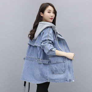Spring Autumn Womens Casual Loose Bf Style Long Zipper Denim Jacket Korean Version Versatile Comfortable Hooded Coat