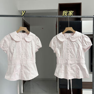 Áo Sơ Mi Ren Viền Màu Hồng Mùa Hè Cho Nữ Cổ Búp Bê Thắt Eo Tay Ngắn Thiết Kế Thanh Lịch Trang Phục Công Sở Thường Ngày