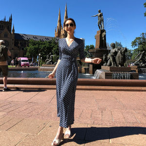 Slimming Geometric Print Wrap Dress French Elegance One-Piece Long Beach Vacation Dress V-Neck Seven-Sleeve Slim Fit A-Line Skirt