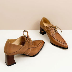 ของแท้ที่ปรับแต่งได้ หนัง ย้อนยุค ผูกเชือก ส้นแหลม ผู้หญิง รองเท้า ฤดูใบไม้ผลิ ฤดูใบไม้ร่วง หลากหลาย รองเท้าส้นสูง นุ่ม หนัง รองเท้าพร็อพ