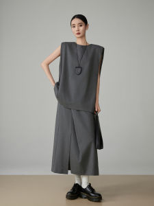 XIAODADEHUA | Women Two-way Wear Shoulder Pad Loose Asymmetric Hem Skirt Set