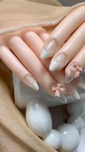 [5in1 Toolkit+HANDMADE]Creamy French gradient pearl pink bow Artificial Nails Almond shape Fake Nails With Glue Phototpy Nails Press On Nails Reusable Waterproof