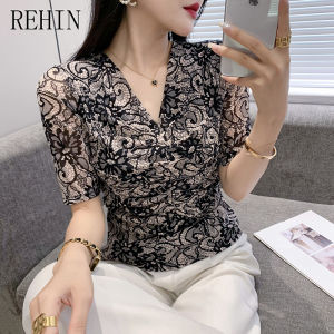REHIN Women‘s top Summer new fashion printed V-neck pleated mesh rhinestone short-sleevedshirt floral eleganr blouse