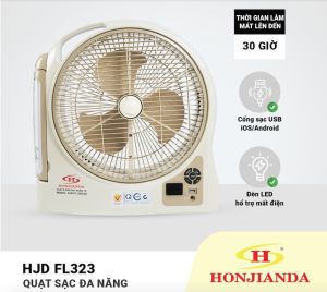 Quạt sạc tích điện dạng hộp AC&DC 12 inch Honjianda FL323 - 2 bình - có đèn LED & USB