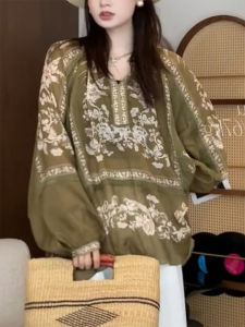 QINGNAER | Heavy Embroidered Retro Ethnic Style Sheer Long Sleeve Blouse Autumn Large Size