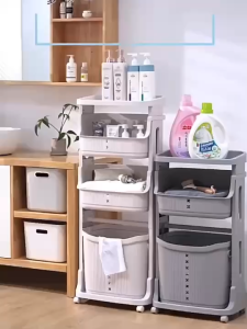 ตะกร้าใส่ผ้า 3 ชั้น  ตะกร้าแข็งแรงทนทาน วัสดุ PP มีล้อ ตะกร้าอเนกประสงค์  ของใหม่ ( มือ 1 )