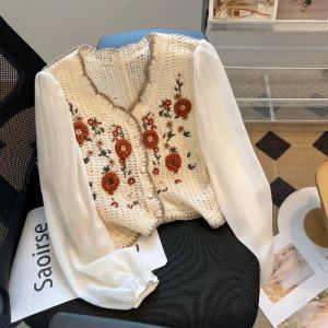 Spring Autumn Retro Embroidered Knitted Open Cardigan Womens Design Sensation Niche Long Sleeve Shirt Top Korean Style Loose Fit