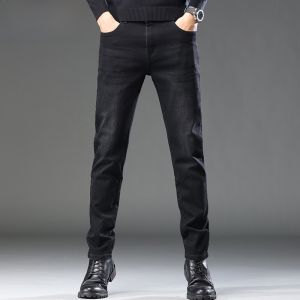 HENGYUANXIANG | Black Fleece Lined Thickened Slim Fit Jeans Youthful Vitality Style Mid High Waist Button Closure Long Pants For Men Business Casual Versatile