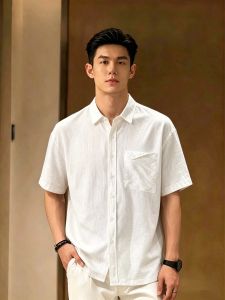 OUMULONG | Áo Sơ Mi Ngắn Tay Kẻ Sọc Thoáng Khí Từ Vải Linen