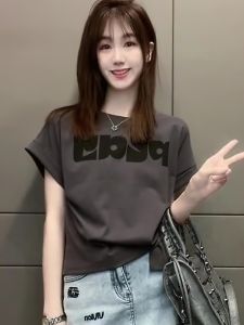 Summer Short Sleeve T-Shirt Womens Korean Style Irregular Design Trendy Mini Top Button Print Asymmetric Creative Casual Wear