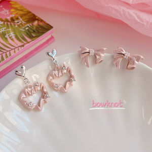 Ready Stock S925 Fantasy Pink Bow Earrings Sweet and Exquisite Love Earrings Womens Accessories