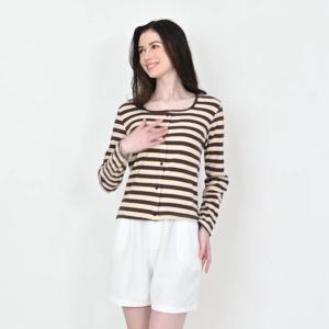 QUEENTIN Atasan Kaos Rajut Casual Wanita 3567 Knit Stripe Strecth Lengan Panjang