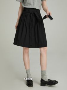 Black High Waist A-Line Pleated Mini Skirt Womens Fashion Design Belted Summer New Arrival Simple Style Cotton Casual Skirt
