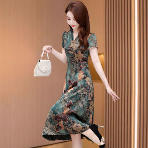 ชุดกี่เพ้าผู้หญิงสไตล์จีนฤดูร้อน 2025 ชุดราตรียาวปานกลาง แขนสั้น กระโปรงทรงเอ เอวสูง ผ้าชีฟอง สีสันสดใส แฟชั่นลำลอง