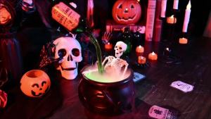 Halloween WitchCauldron with LED Light & Fog Mist Maker Skeleton Decor for Spooky Hocus Pocus Party Home Halloween Party