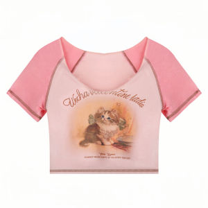 เสื้อยืดแขนสั้นทรงสลิมฟิตสำหรับผู้หญิงในช่วงฤดูร้อน ดีไซน์ลายแมว สไตล์หวานและเผ็ดร้อน เสื้อผ้าทำงานสไตล์เกาหลี