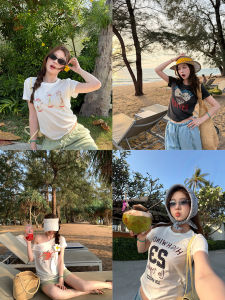 Slenderizing Slanted Shoulder T-Shirt Printed/Applique