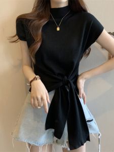 Plus Size Half High Neck Tie-Up Sweater for Women Versatile Round Neck Beautiful Casual Top Summer Short Sleeve Work Clothing