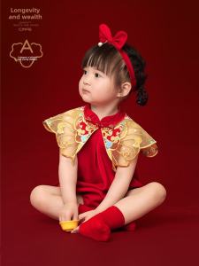 Summer Chinese Style Cheongsam Baby Girls Red Colorful Embroidery Clothes 100 Days Ceremony Clothes Fortunate Longevity Brand