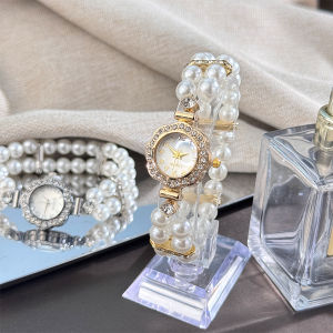 Fashion Double-row Pearl Diamond Elastic Strap Arabic Digital Dial Watches Luxury Fashiona Pearl Beaded Bracelet Quartz Wristwatch