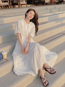 White Doll Collar Long Dress Womens Summer 2025 New French Unique Beautiful Slimming A-Line Skirt High Waist Short Sleeve