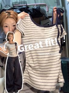SUHUIQIAN | Design Flattering T-Shirt Slanted Shoulder Slimming Stripe