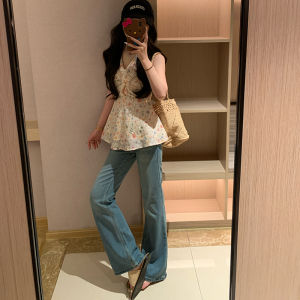 Luzai Light Blue Bell Bottom Jeans Womens Summer Slimming Straight Leg Jeans Casual Washed Natural Waist Zipper Closure