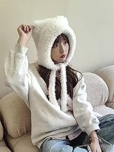 Hearing Protection Women Knitted Plush Hat Cute Bear Design Warm Autumn Winter Ear Protective for Large Head Circumference