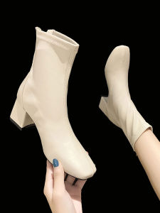 Velvet Short Boots Womens High Heel Boots New Fall and Winter New Arrival Pointed Chunky Heel Ankle Boots Knee Socks Internet Hot Thin Boots Elastic