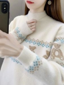 Womens Thickened Fleece Knitted Base Shirt Half High Collar Autumn Winter Sweater Mink Velvet Versatile Long Sleeve Top