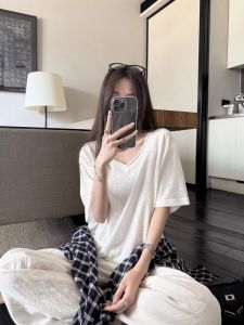 Sweet Loose Lightweight Short Sleeve T-Shirt Women Summer Lazy V-Neck Breathable Versatile Top Comfortable Casual Female Tee
