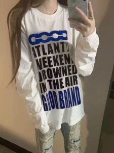 100% Pure Cotton Long Sleeve T-Shirt Womens Retro Hip Hop Street Style Letter Print Casual Top for Couples Summer Wear