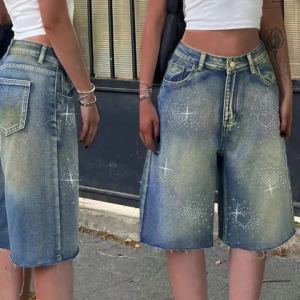 Shorts Female Jeans Women Jeans Denim Shorts Y2K Retro Slant Pocket Flared Hem Casual Wide Leg Summer