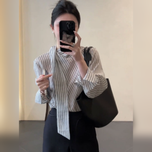 YUFUQING | Korean Fashion Simple Striped Tie Neck Womens Shirt Casual Spring New Style Ageless Match All Leisure Top Polyester Fiber