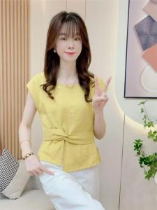 Fashionable Womens Summer Shirt 2025 round Neck Slimming Slimming Belly Covering Versatile Short Sleeve Butterfly Knot Top