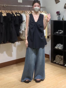 Loose V-Neck Black Knot Strap Vest Shirt Women Summer Outdoor Wear Sleeveless Doll Top Shoulder Exposure Upper Apparel