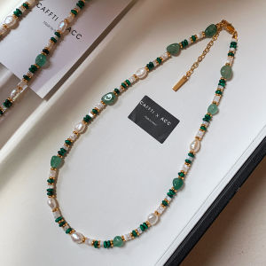 CAFFTI | Natural Freshwater Pearl Green Malachite Vibrant Colors Spring and Summer Necklace for Women