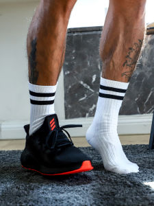 [Buy 3 Pairs of 39 Yuan] Yan Also Men Striped Mid-Calf Length Socks Pure Cotton Sports White Socks Mens Breathable Tube High-Top