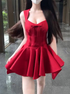 CHANGTONG | Elegant French Style Red Strap Dress