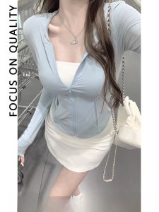 LUOFEN | Womens Summer Ice Silk Cooling Hat Lightweight Open Cardigan Sun Protection Outerwear Breathable Casual Jacket Zipper Closure Long Sleeve