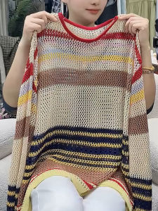 QINGNAER | Color Stripe Lightweight See-Through Long Sleeve Knitted Tunic Sweater