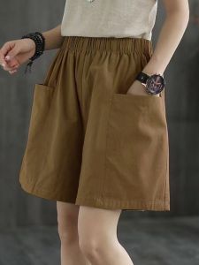 บริสุทธิ์ ผ้าฝ้าย ลำลอง สูง เอว สั้น กางเกง ผู้หญิง ฤดูร้อน ทันสมัย ห้าจุด กางเกง กระเป๋าเสื้อ ขากว้าง กางเกง สไตล์เกาหลี