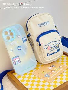 Sanrio Collaboration Mini Crossbody Bag Lightweight Mobile Phone Pouch for Women Cat Pattern Polyester Fabric Zipper Closure