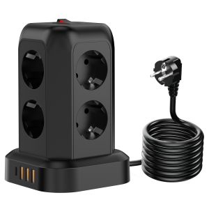 Power Extension Tower Socket Type-G 8 Schuko Outlets 3 USB + 1 Type-C Port 1.8M Extension Cord Overload & Surge Protection