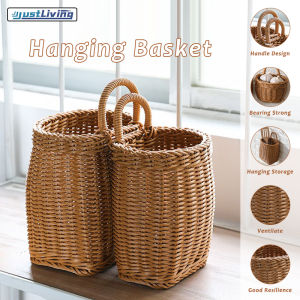 JustLiving 1PC Hanging Hand-Woven Storage Basket Wall Basket Fruit Sundries Organizer Decorative Kitchen Ginger Garlic Storage Basket Vintage Wall Basket Portable Small Flower Basket Kitchenware