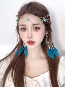 เครื่องประดับผมสไตล์โบฮีเมียน สร้อยคอผมหลายชั้น สไตล์ยุโรป ไข่มุกสีเขียว ตกแต่งด้วยกระดุมรูปตัว T สำหรับการถ่ายภาพ