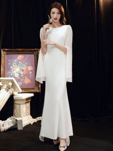 ชุดราตรีผ้าซาตินสีขาว กระโปรงทรงหางปลา แขนยาว คอลเลกชั่นฤดูใบไม้ร่วง คุณภาพสูง ชุดงานปาร์ตี้สำหรับผู้หญิง ชุดราตรี